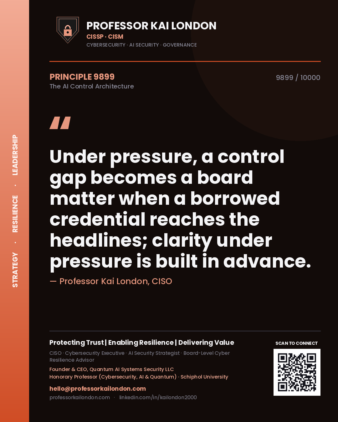 Quote card by Professor Kai London reading 'Under pressure, a control gap becomes a board matter when a borrowed credential reaches the headlines; clarity under pressure is built in advance.'. From the book The AI Control Architecture.