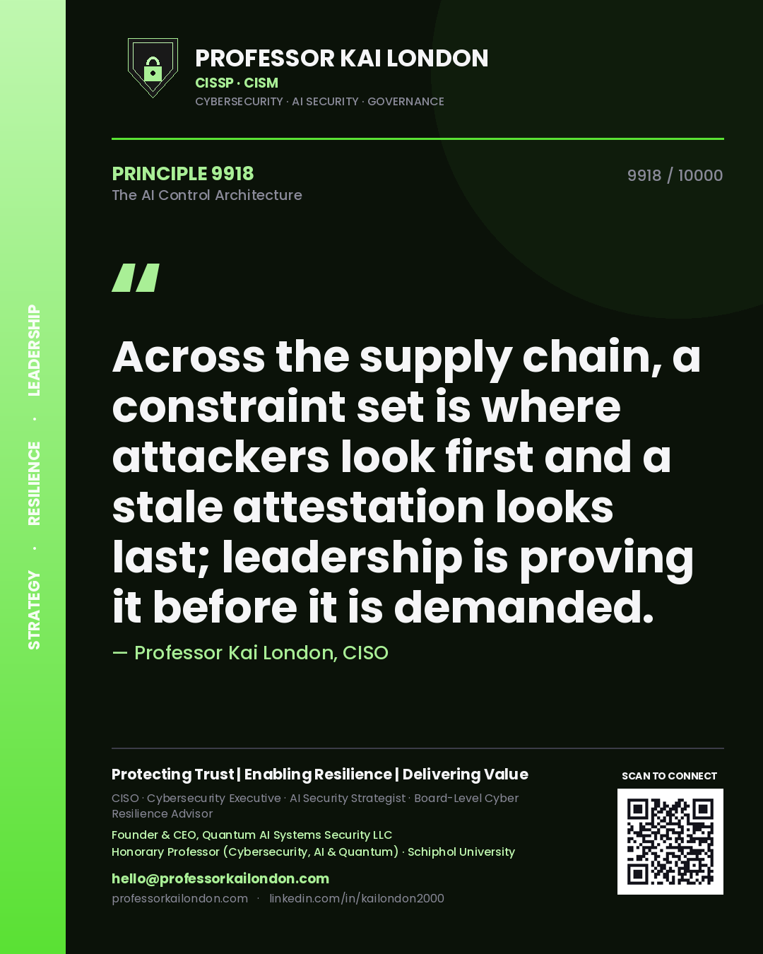 Quote card by Professor Kai London reading 'Across the supply chain, a constraint set is where attackers look first and a stale attestation looks last; leadership is proving it before it is demanded.'. From the book The AI Control Architecture.