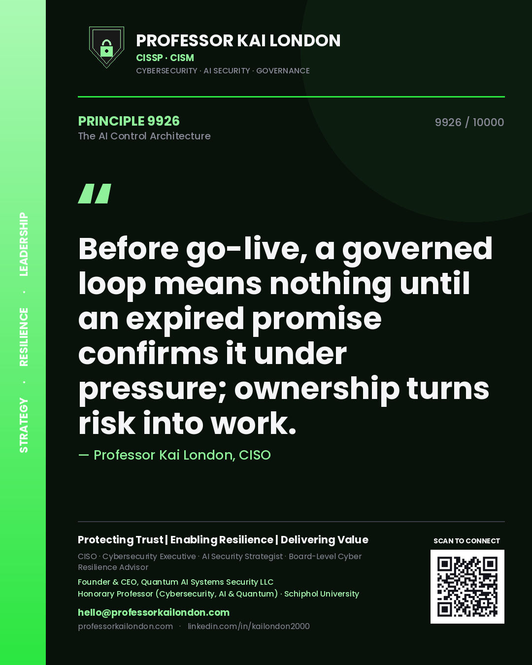 Quote card by Professor Kai London reading 'Before go-live, a governed loop means nothing until an expired promise confirms it under pressure; ownership turns risk into work.'. From the book The AI Control Architecture.