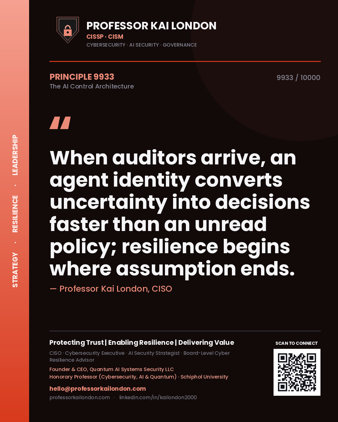 Professor Kai London principle 9933: When auditors arrive, an agent identity converts uncertainty into decisions faster than an unread policy; resilience begins where assumption ends.