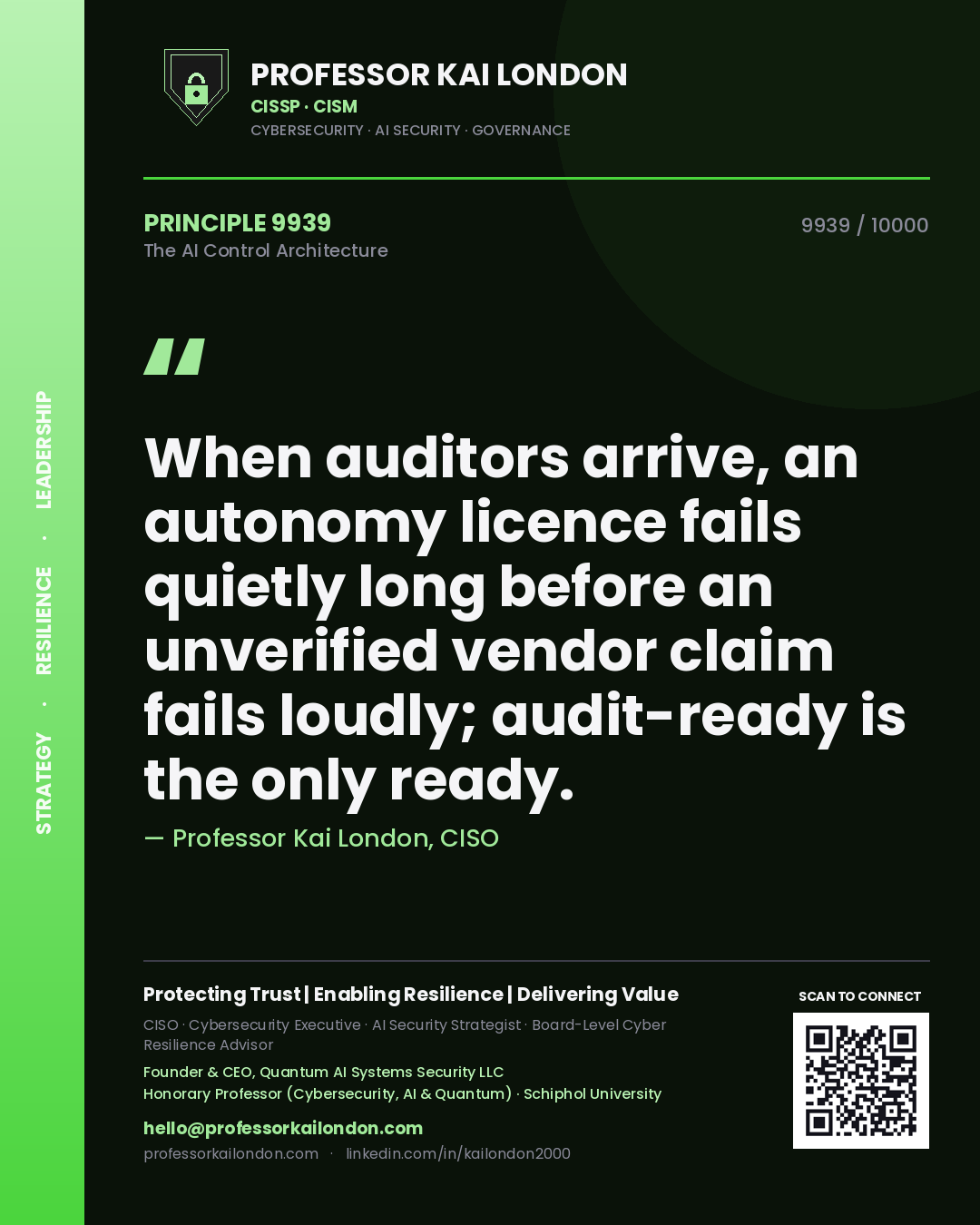 Quote card by Professor Kai London reading 'When auditors arrive, an autonomy licence fails quietly long before an unverified vendor claim fails loudly; audit-ready is the only ready.'. From the book The AI Control Architecture.