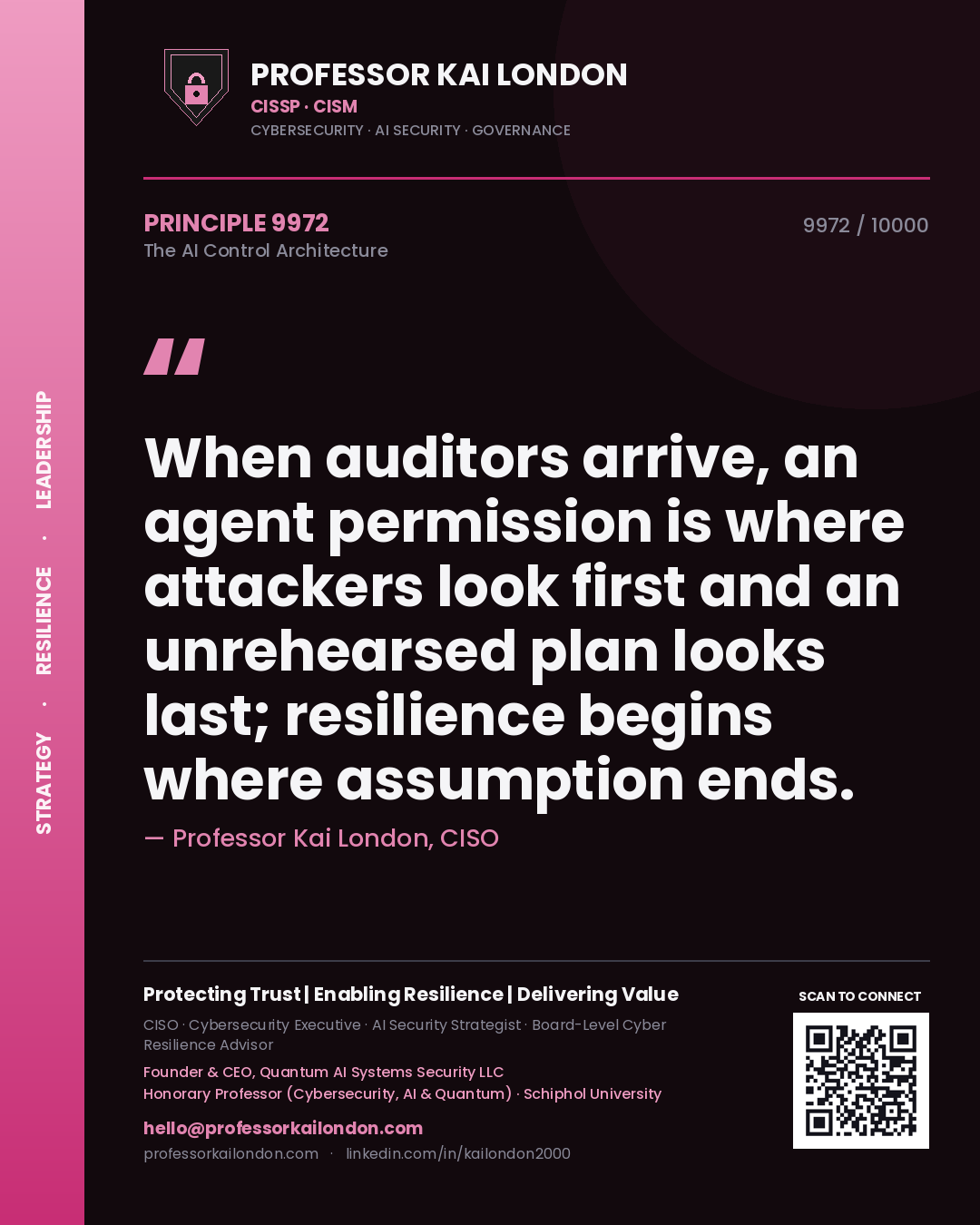 Quote card by Professor Kai London reading 'When auditors arrive, an agent permission is where attackers look first and an unrehearsed plan looks last; resilience begins where assumption ends.'. From the book The AI Control Architecture.