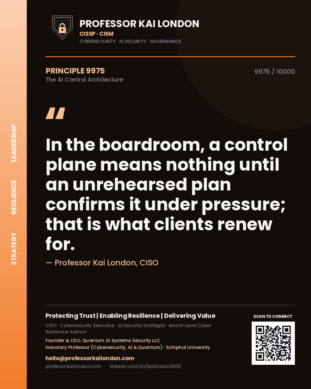 Quote card by Professor Kai London reading 'In the boardroom, a control plane means nothing until an unrehearsed plan confirms it under pressure; that is what clients renew for.'. From the book The AI Control Architecture.