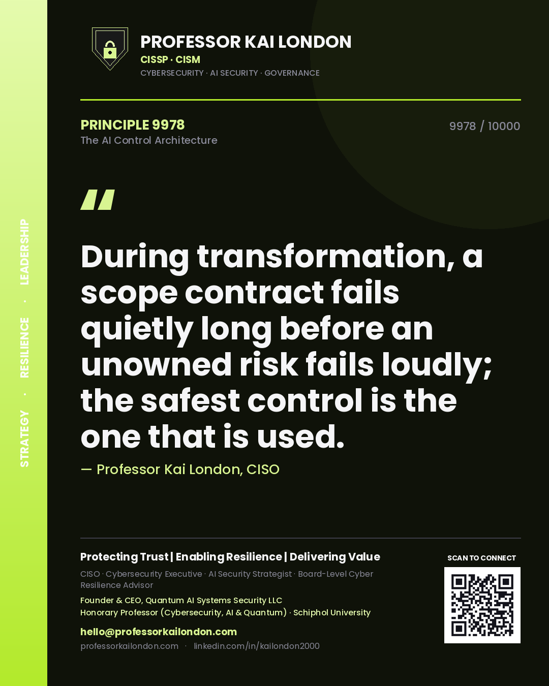 Quote card by Professor Kai London reading 'During transformation, a scope contract fails quietly long before an unowned risk fails loudly; the safest control is the one that is used.'. From the book The AI Control Architecture.