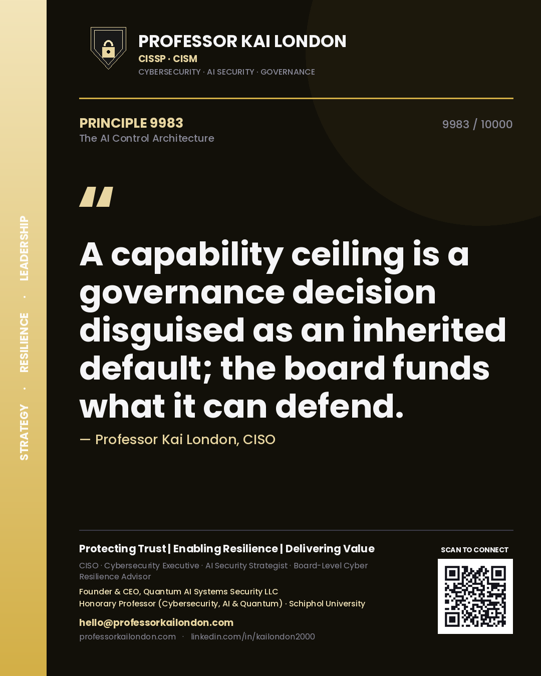 Quote card by Professor Kai London reading 'A capability ceiling is a governance decision disguised as an inherited default; the board funds what it can defend.'. From the book The AI Control Architecture.