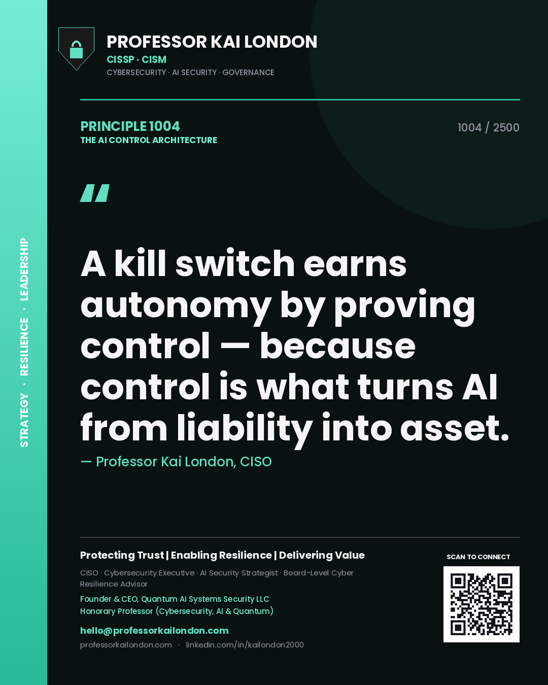 Quote card by Professor Kai London reading 'A kill switch earns autonomy by proving control — because control is what turns AI from liability into asset.'. From the book The AI Control Architecture.