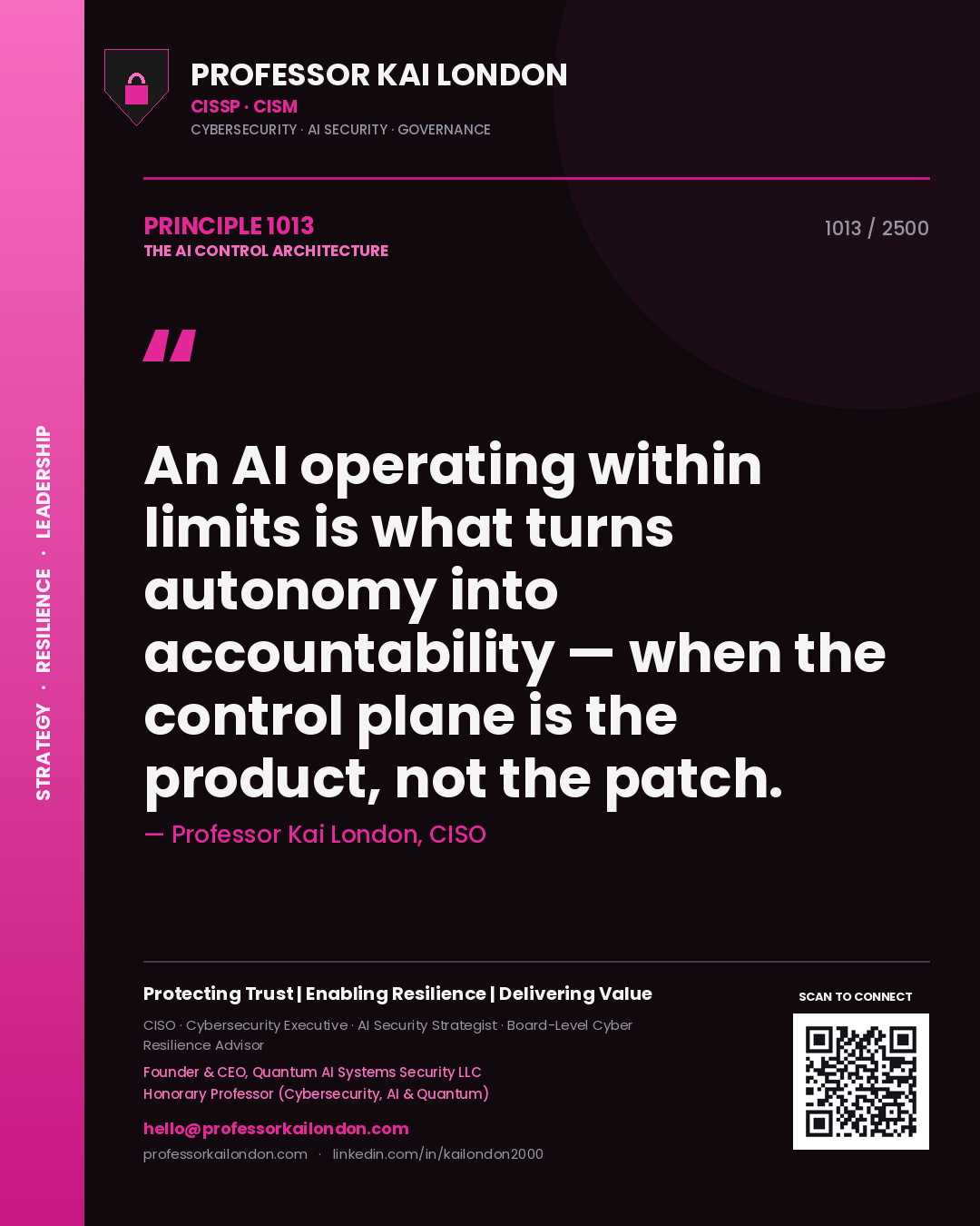 Quote card by Professor Kai London reading 'An AI operating within limits is what turns autonomy into accountability — when the control plane is the product, not the patch.'. From the book The AI Control Architecture.