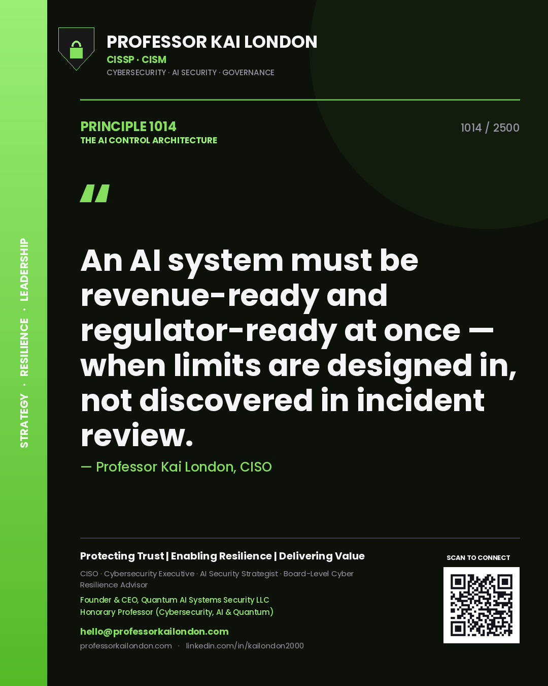 Quote card by Professor Kai London reading 'An AI system must be revenue-ready and regulator-ready at once — when limits are designed in, not discovered in incident review.'. From the book The AI Control Architecture.