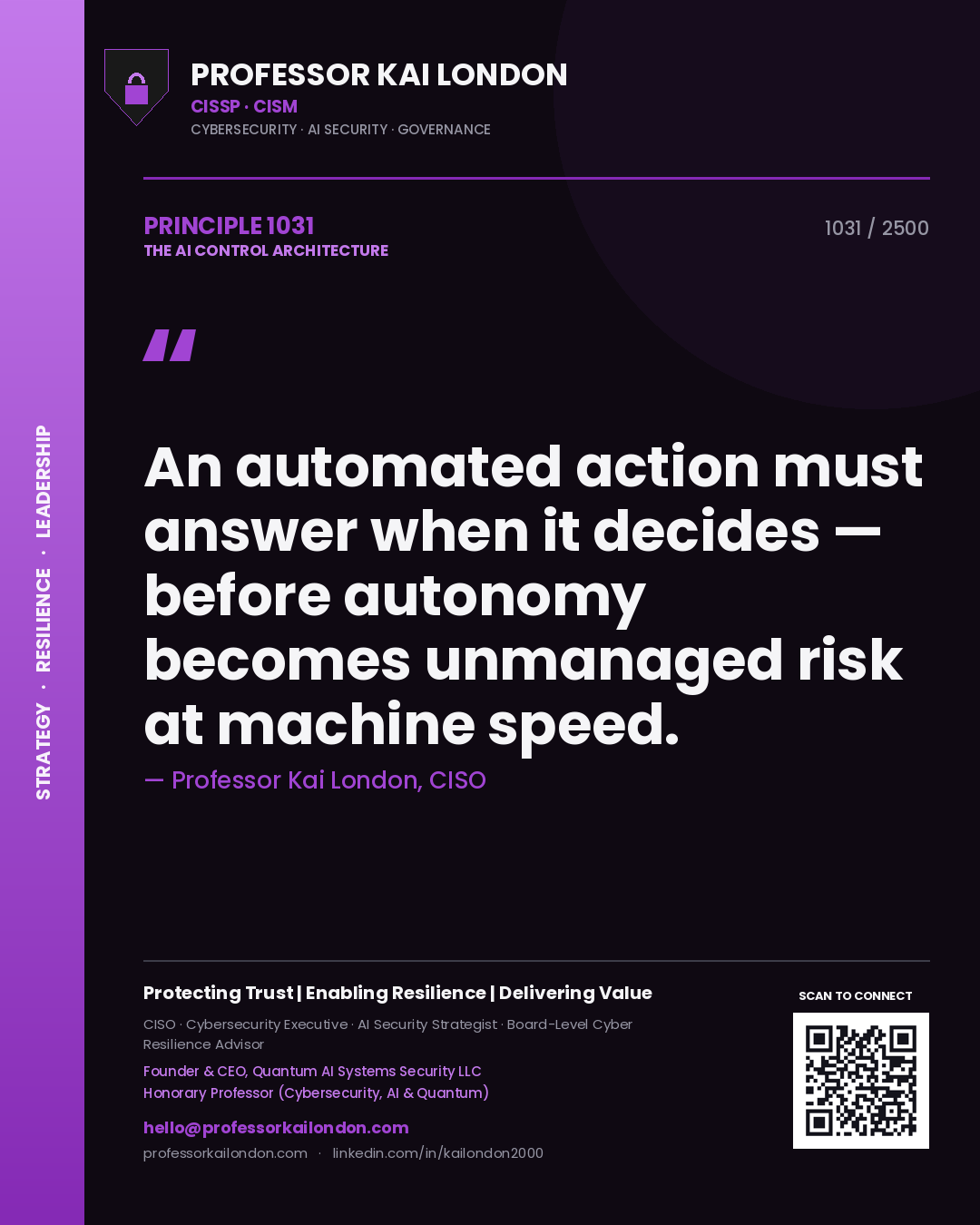 Quote card by Professor Kai London reading 'An automated action must answer when it decides — before autonomy becomes unmanaged risk at machine speed.'. From the book The AI Control Architecture.