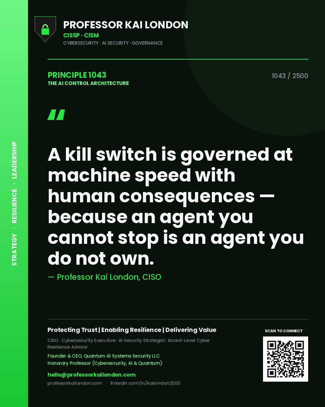 Quote card by Professor Kai London reading 'A kill switch is governed at machine speed with human consequences — because an agent you cannot stop is an agent you do not own.'. From the book The AI Control Architecture.