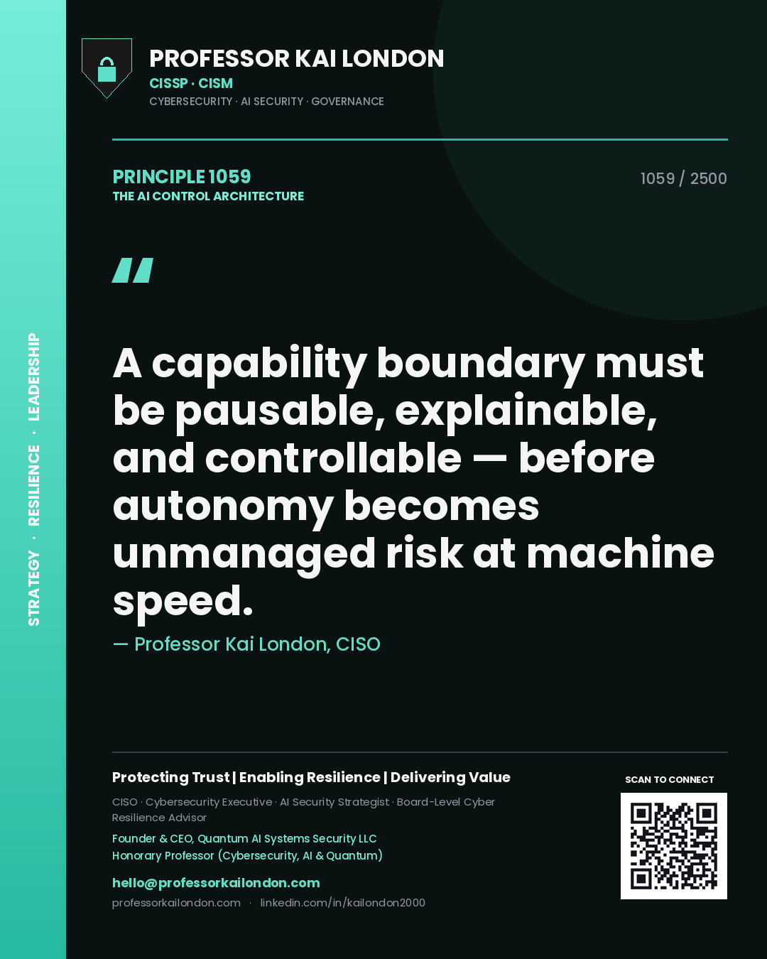 Quote card by Professor Kai London reading 'A capability boundary must be pausable, explainable, and controllable — before autonomy becomes unmanaged risk at machine speed.'. From the book The AI Control Architecture.