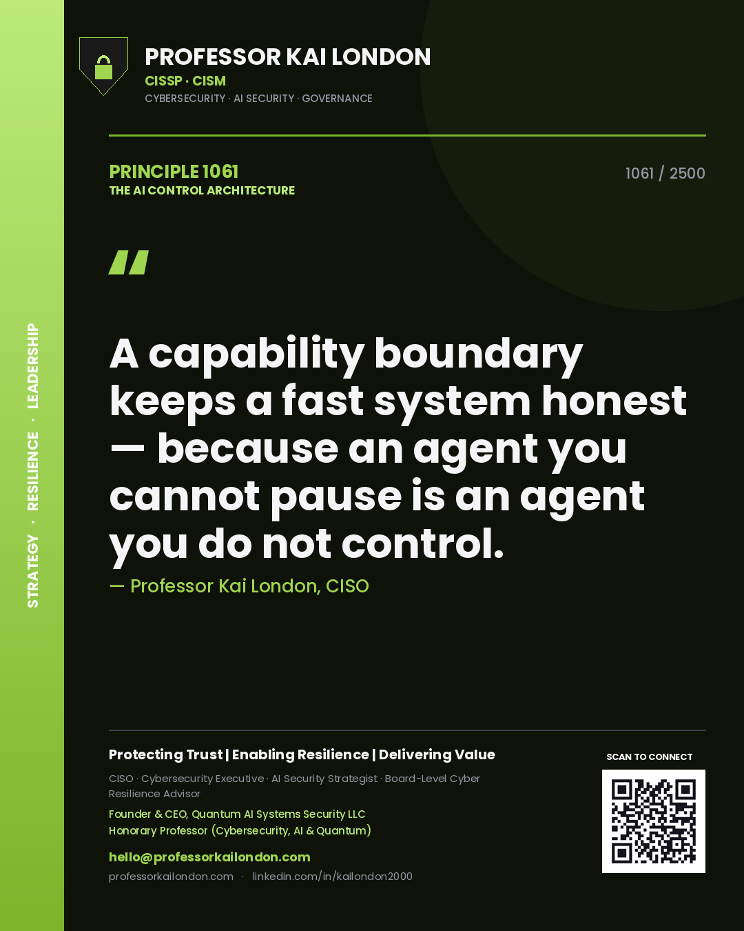 Quote card by Professor Kai London reading 'A capability boundary keeps a fast system honest — because an agent you cannot pause is an agent you do not control.'. From the book The AI Control Architecture.