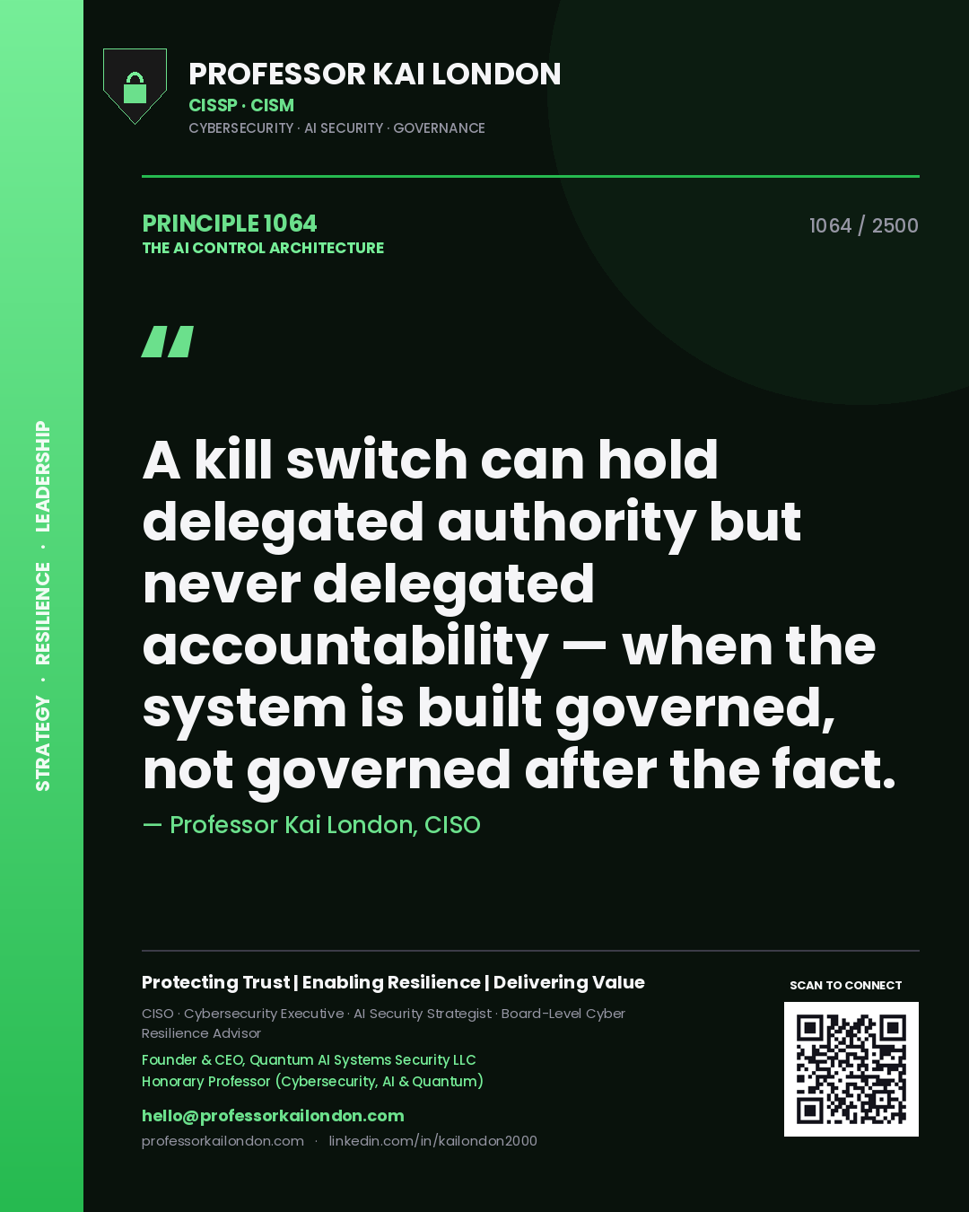 Quote card by Professor Kai London reading 'A kill switch can hold delegated authority but never delegated accountability — when the system is built governed, not governed after the fact.'. From the book The AI Control Architecture.