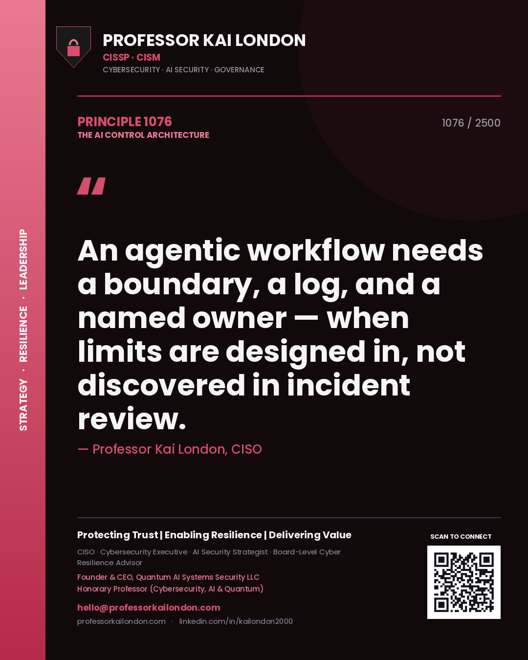 Quote card by Professor Kai London reading 'An agentic workflow needs a boundary, a log, and a named owner — when limits are designed in, not discovered in incident review.'. From the book The AI Control Architecture.