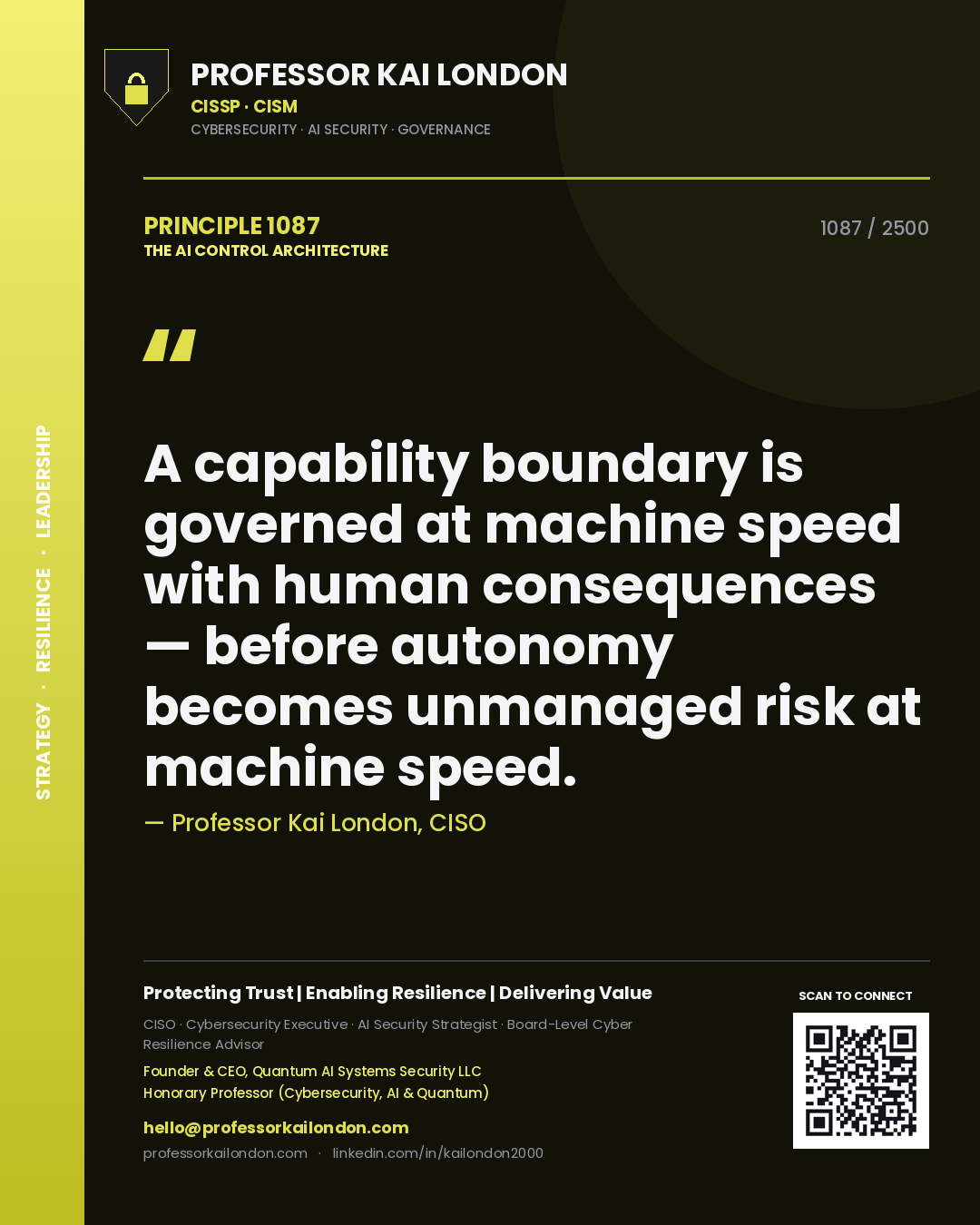 Quote card by Professor Kai London reading 'A capability boundary is governed at machine speed with human consequences — before autonomy becomes unmanaged risk at machine speed.'. From the book The AI Control Architecture.