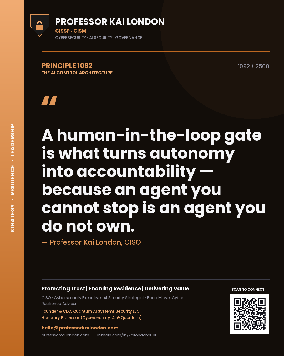 Quote card by Professor Kai London reading 'A human-in-the-loop gate is what turns autonomy into accountability — because an agent you cannot stop is an agent you do not own.'. From the book The AI Control Architecture.