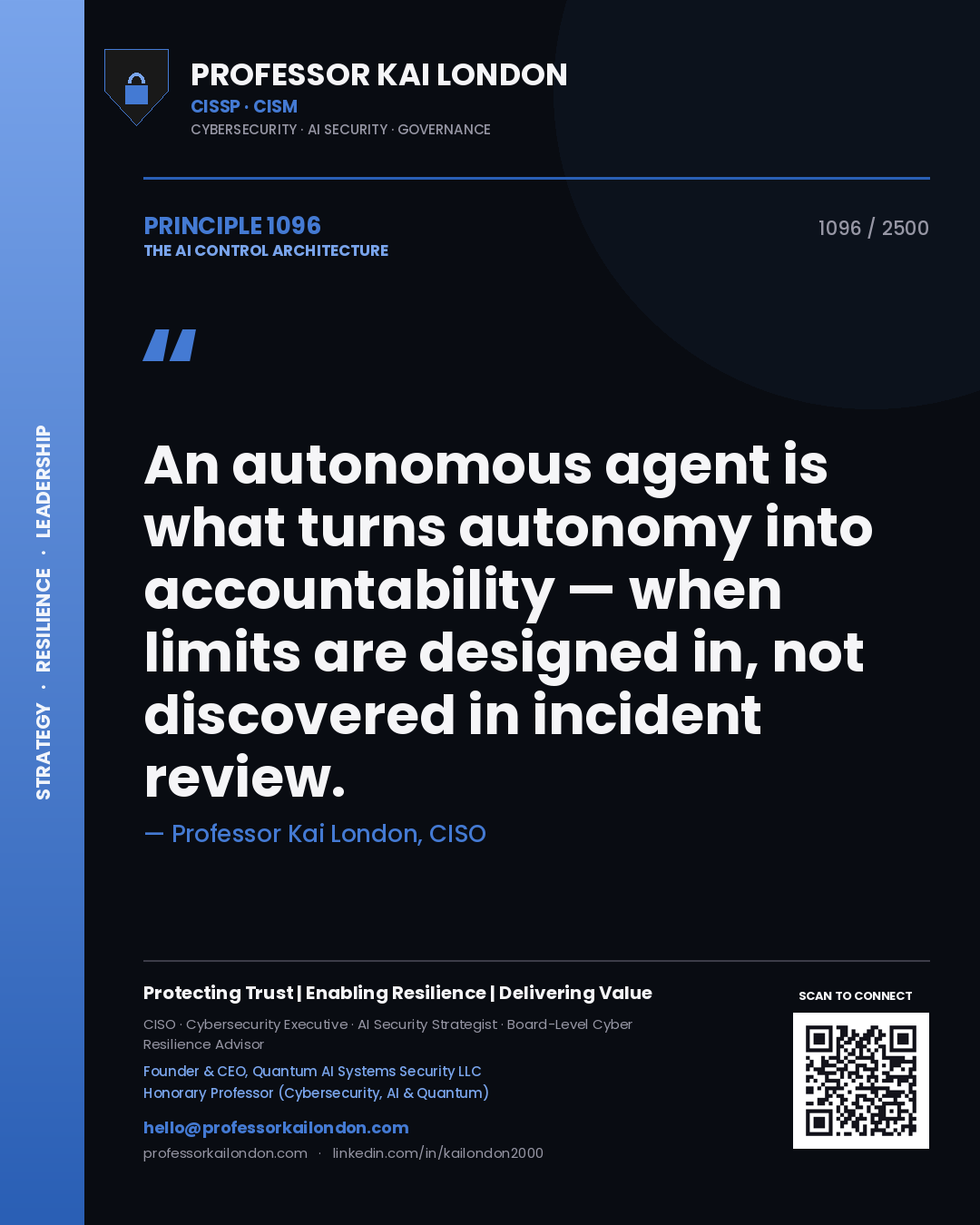 Professor Kai London principle 1096: An autonomous agent is what turns autonomy into accountability — when limits are designed in, not discovered in incident review.