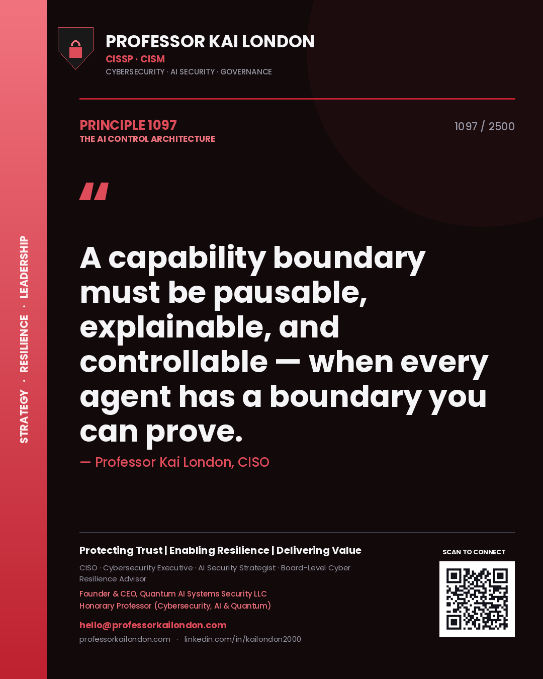 Quote card by Professor Kai London reading 'A capability boundary must be pausable, explainable, and controllable — when every agent has a boundary you can prove.'. From the book The AI Control Architecture.