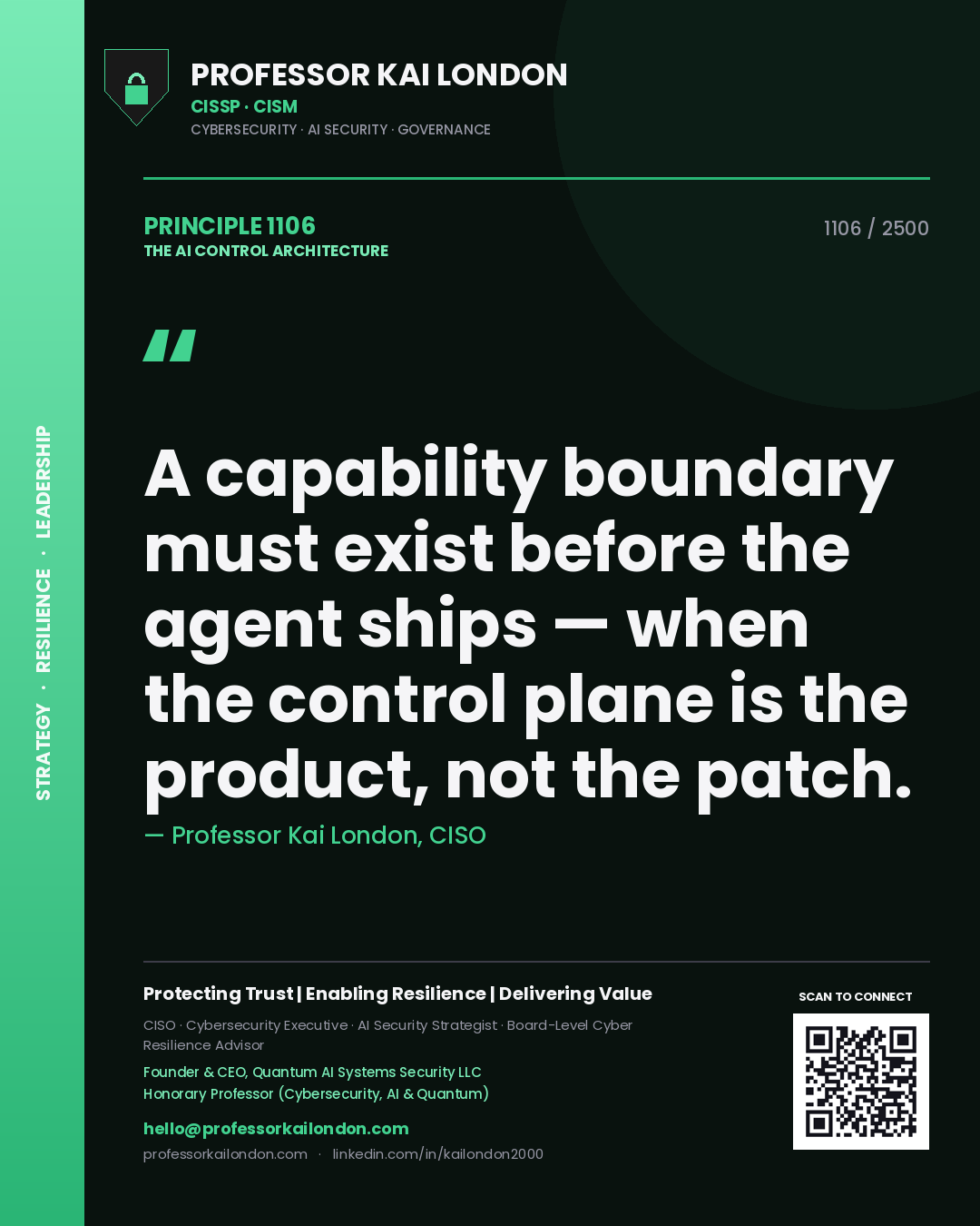 Professor Kai London principle 1106: A capability boundary must exist before the agent ships — when the control plane is the product, not the patch.