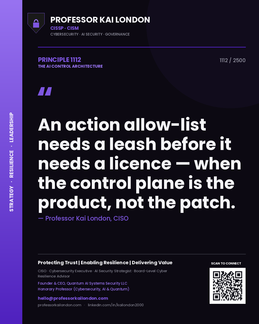 Quote card by Professor Kai London reading 'An action allow-list needs a leash before it needs a licence — when the control plane is the product, not the patch.'. From the book The AI Control Architecture.