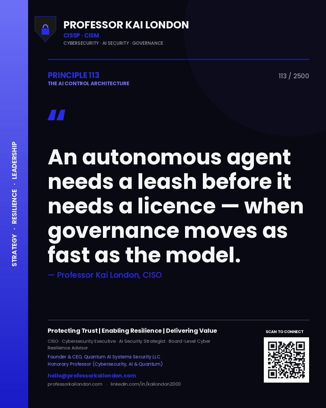 Quote card by Professor Kai London reading 'An autonomous agent needs a leash before it needs a licence — when governance moves as fast as the model.'. From the book The AI Control Architecture.