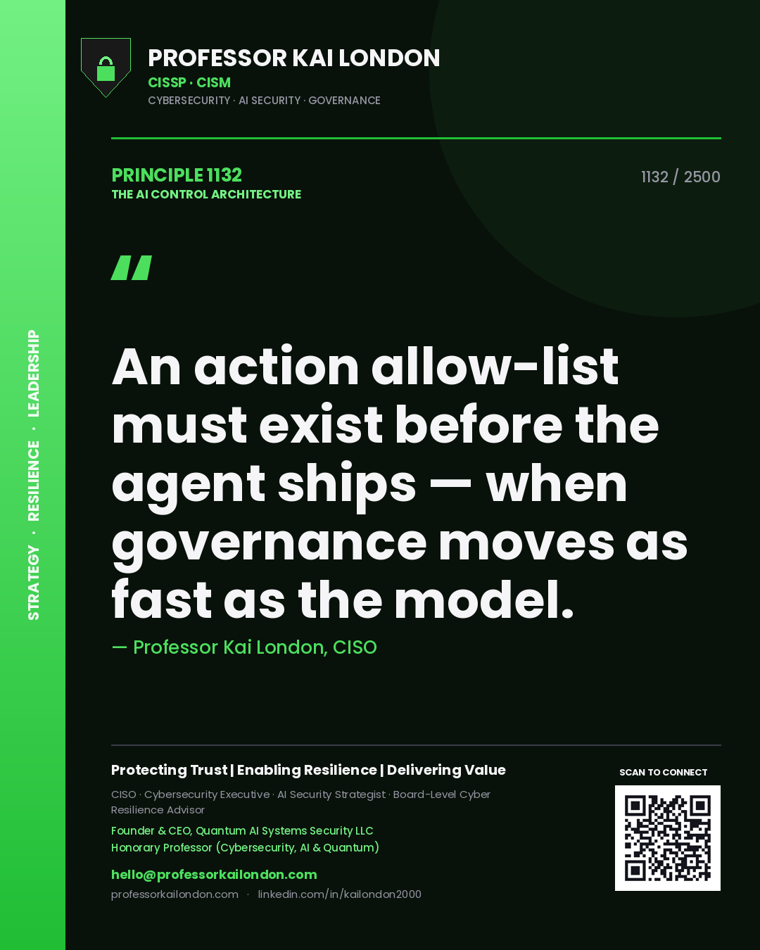 Quote card by Professor Kai London reading 'An action allow-list must exist before the agent ships — when governance moves as fast as the model.'. From the book The AI Control Architecture.