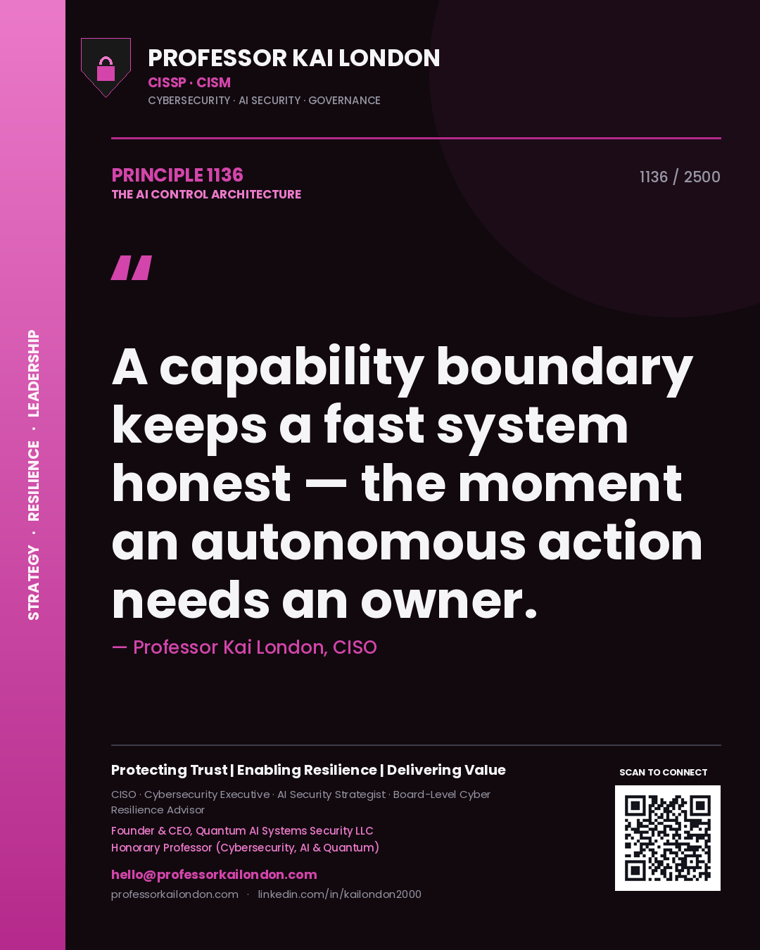 Quote card by Professor Kai London reading 'A capability boundary keeps a fast system honest — the moment an autonomous action needs an owner.'. From the book The AI Control Architecture.