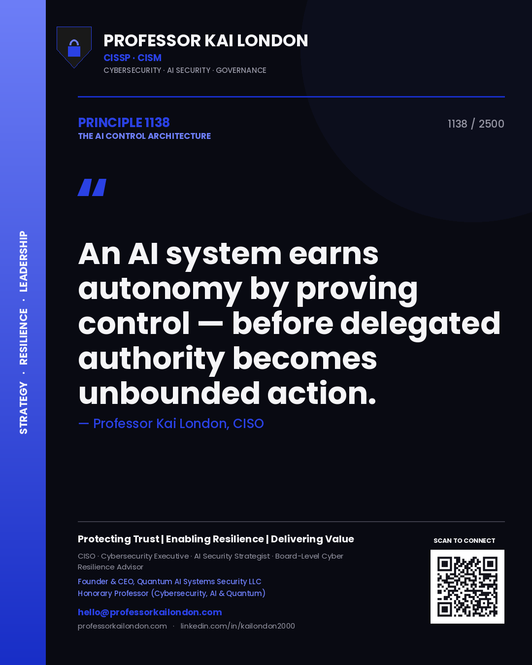 Quote card by Professor Kai London reading 'An AI system earns autonomy by proving control — before delegated authority becomes unbounded action.'. From the book The AI Control Architecture.