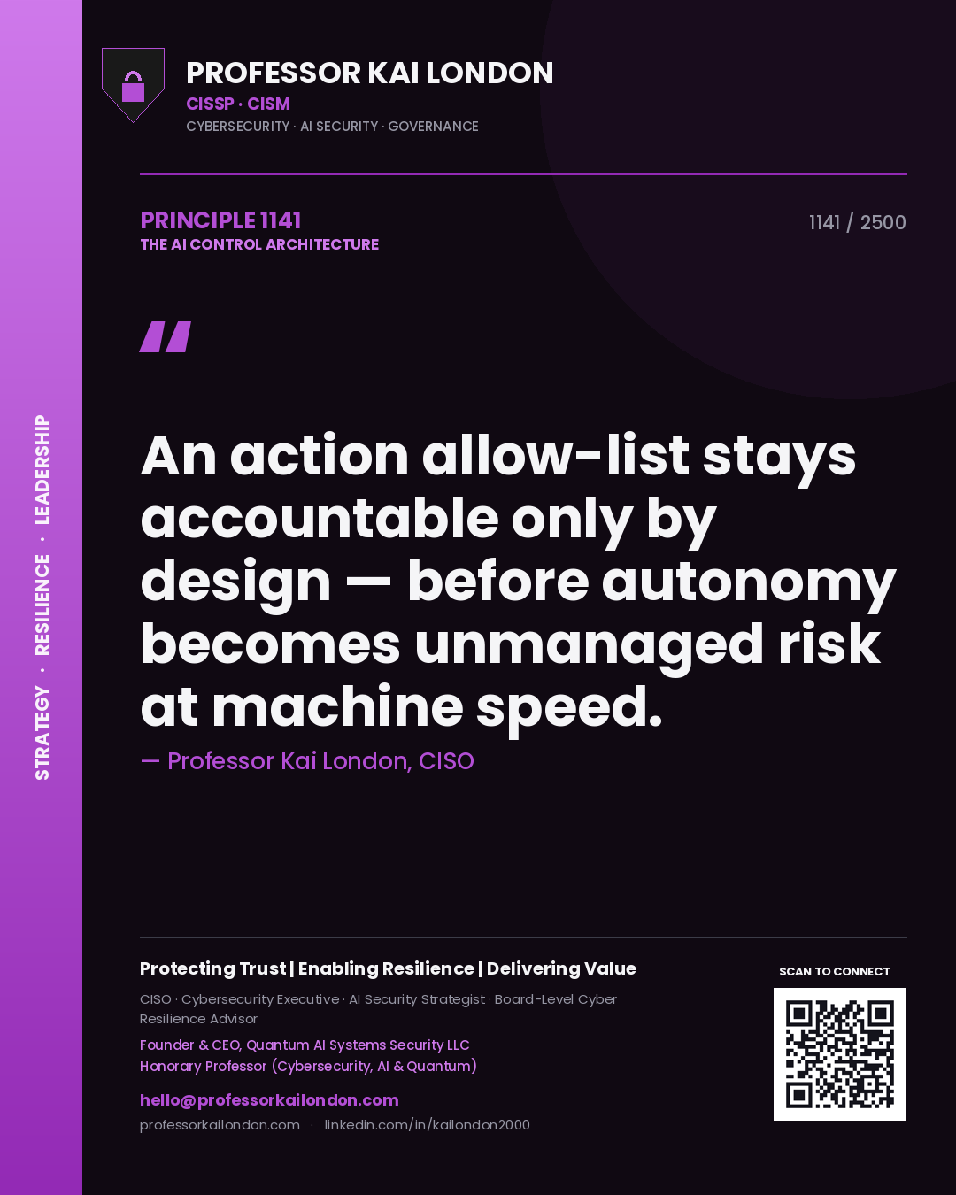 Professor Kai London principle 1141: An action allow-list stays accountable only by design — before autonomy becomes unmanaged risk at machine speed.