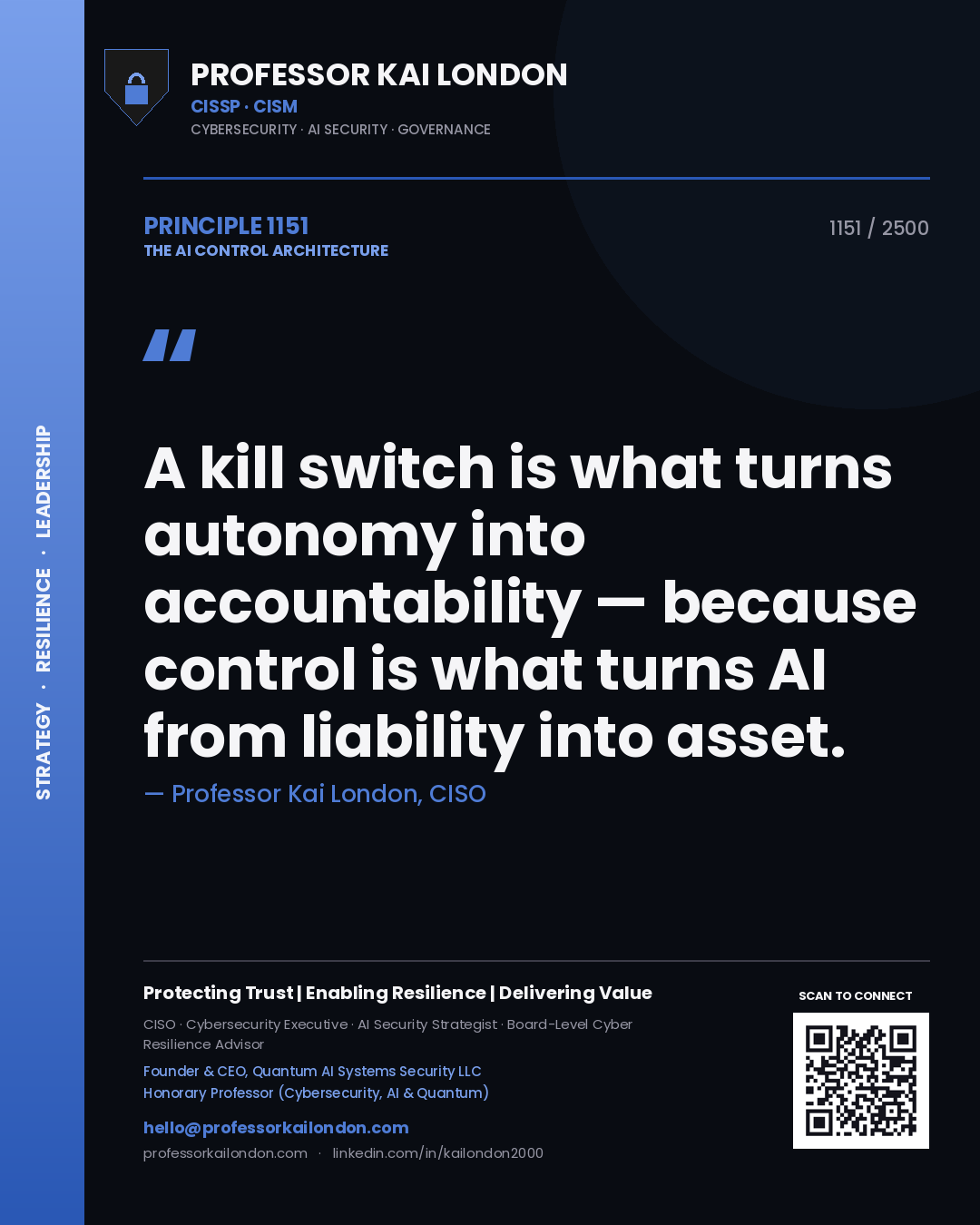 Quote card by Professor Kai London reading 'A kill switch is what turns autonomy into accountability — because control is what turns AI from liability into asset.'. From the book The AI Control Architecture.
