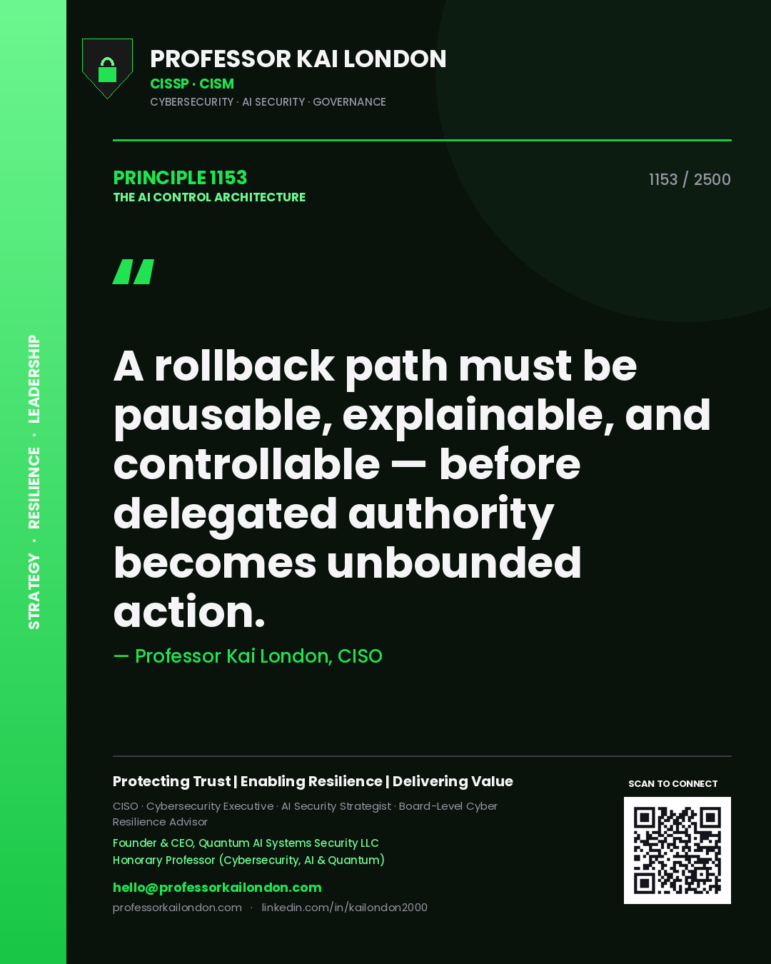 Quote card by Professor Kai London reading 'A rollback path must be pausable, explainable, and controllable — before delegated authority becomes unbounded action.'. From the book The AI Control Architecture.
