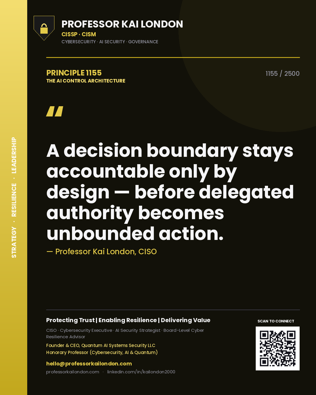 Quote card by Professor Kai London reading 'A decision boundary stays accountable only by design — before delegated authority becomes unbounded action.'. From the book The AI Control Architecture.