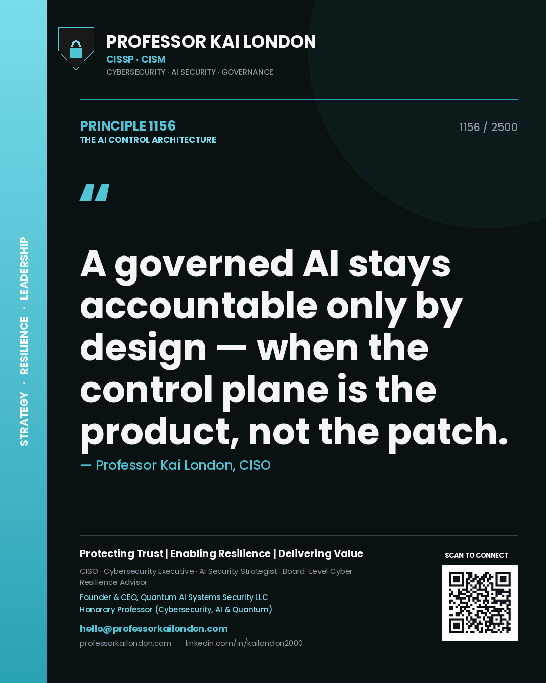 Quote card by Professor Kai London reading 'A governed AI stays accountable only by design — when the control plane is the product, not the patch.'. From the book The AI Control Architecture.