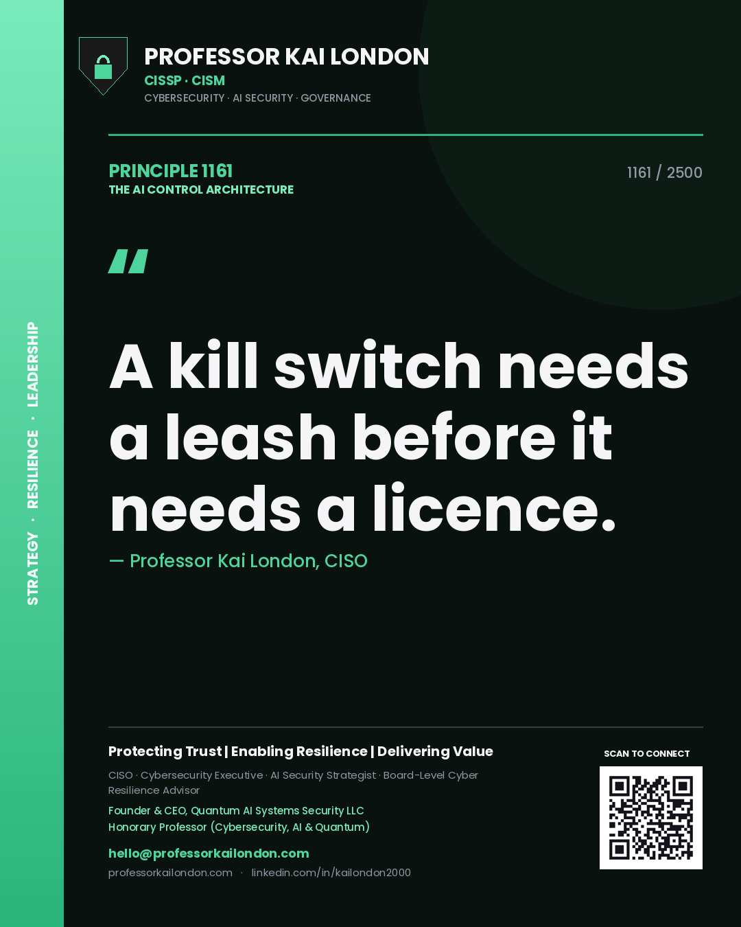 Quote card by Professor Kai London reading 'A kill switch needs a leash before it needs a licence.'. From the book The AI Control Architecture.