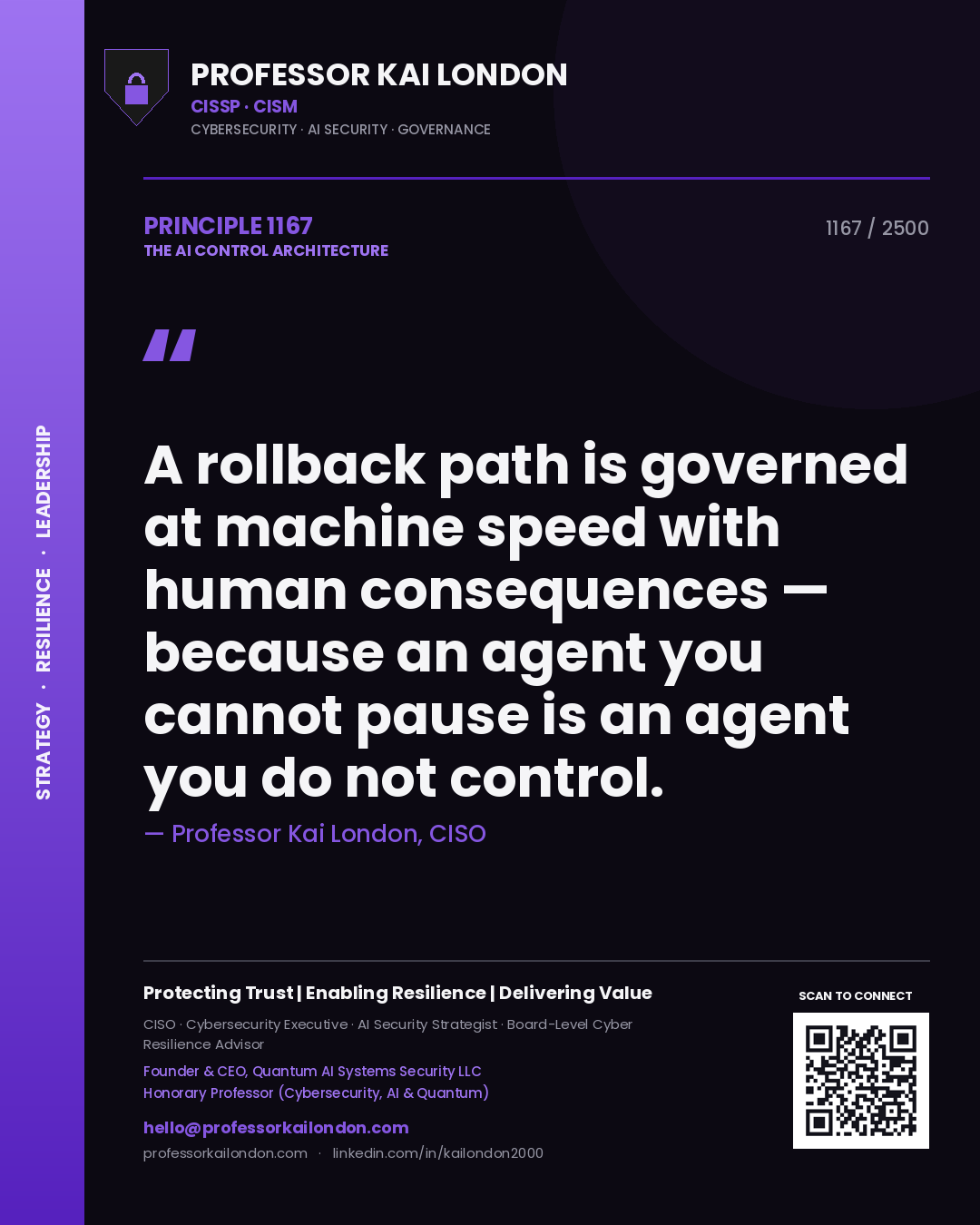 Quote card by Professor Kai London reading 'A rollback path is governed at machine speed with human consequences — because an agent you cannot pause is an agent you do not control.'. From the book The AI Control Architecture.