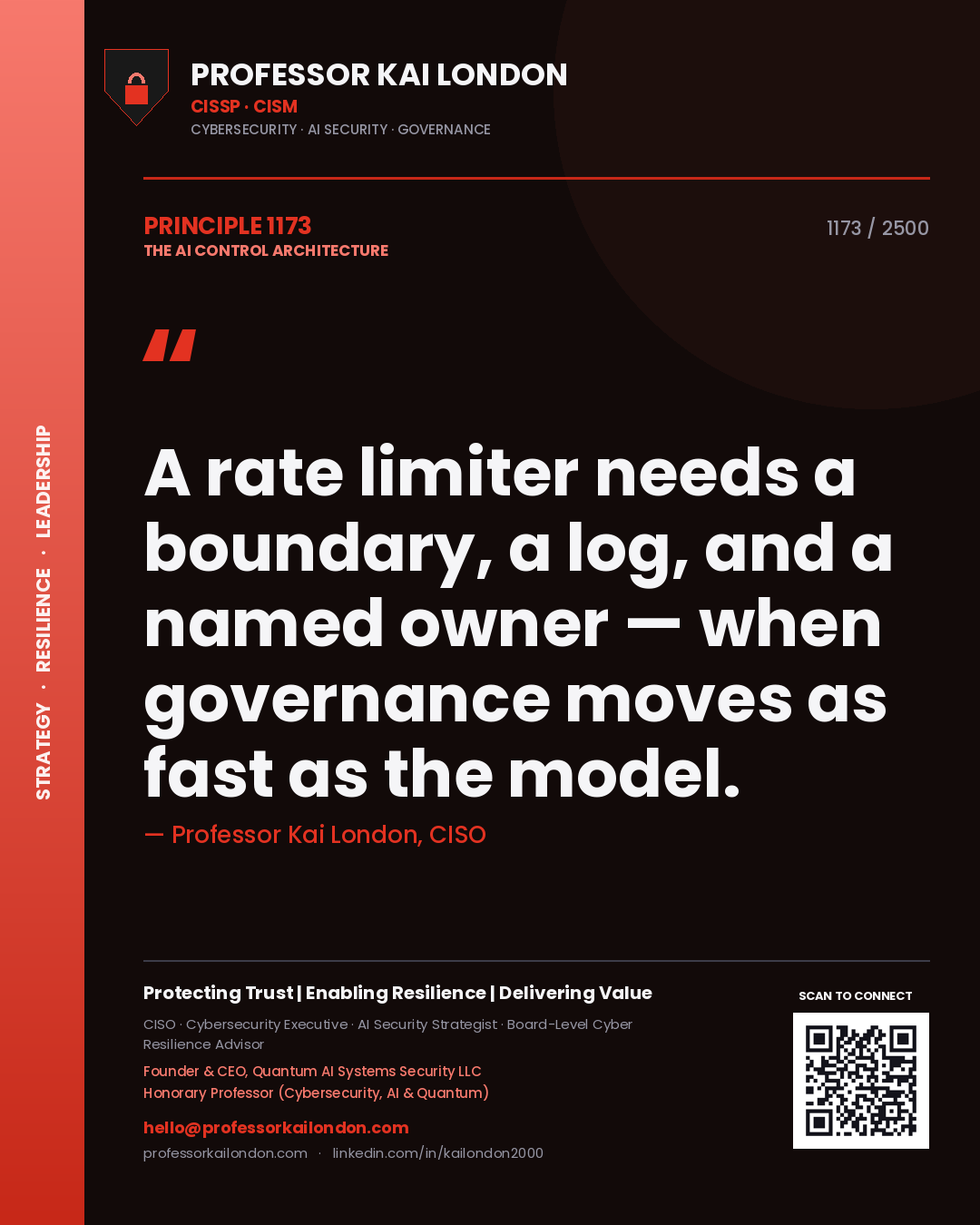 Professor Kai London principle 1173: A rate limiter needs a boundary, a log, and a named owner — when governance moves as fast as the model.