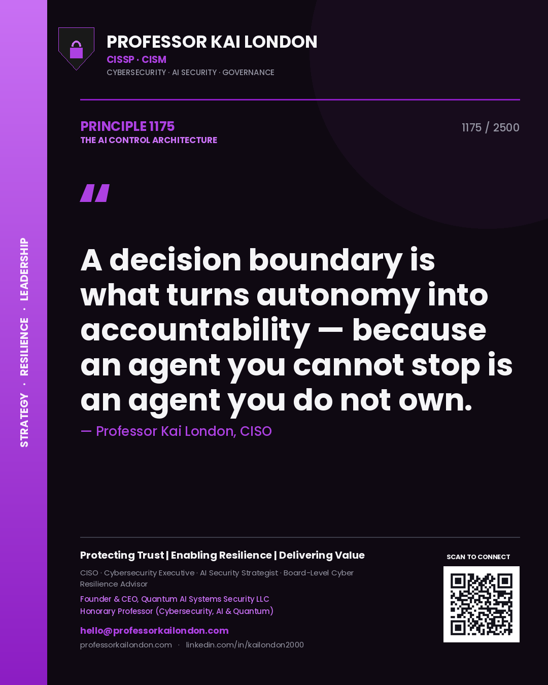 Quote card by Professor Kai London reading 'A decision boundary is what turns autonomy into accountability — because an agent you cannot stop is an agent you do not own.'. From the book The AI Control Architecture.
