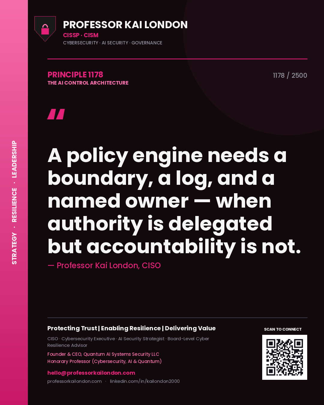 Quote card by Professor Kai London reading 'A policy engine needs a boundary, a log, and a named owner — when authority is delegated but accountability is not.'. From the book The AI Control Architecture.