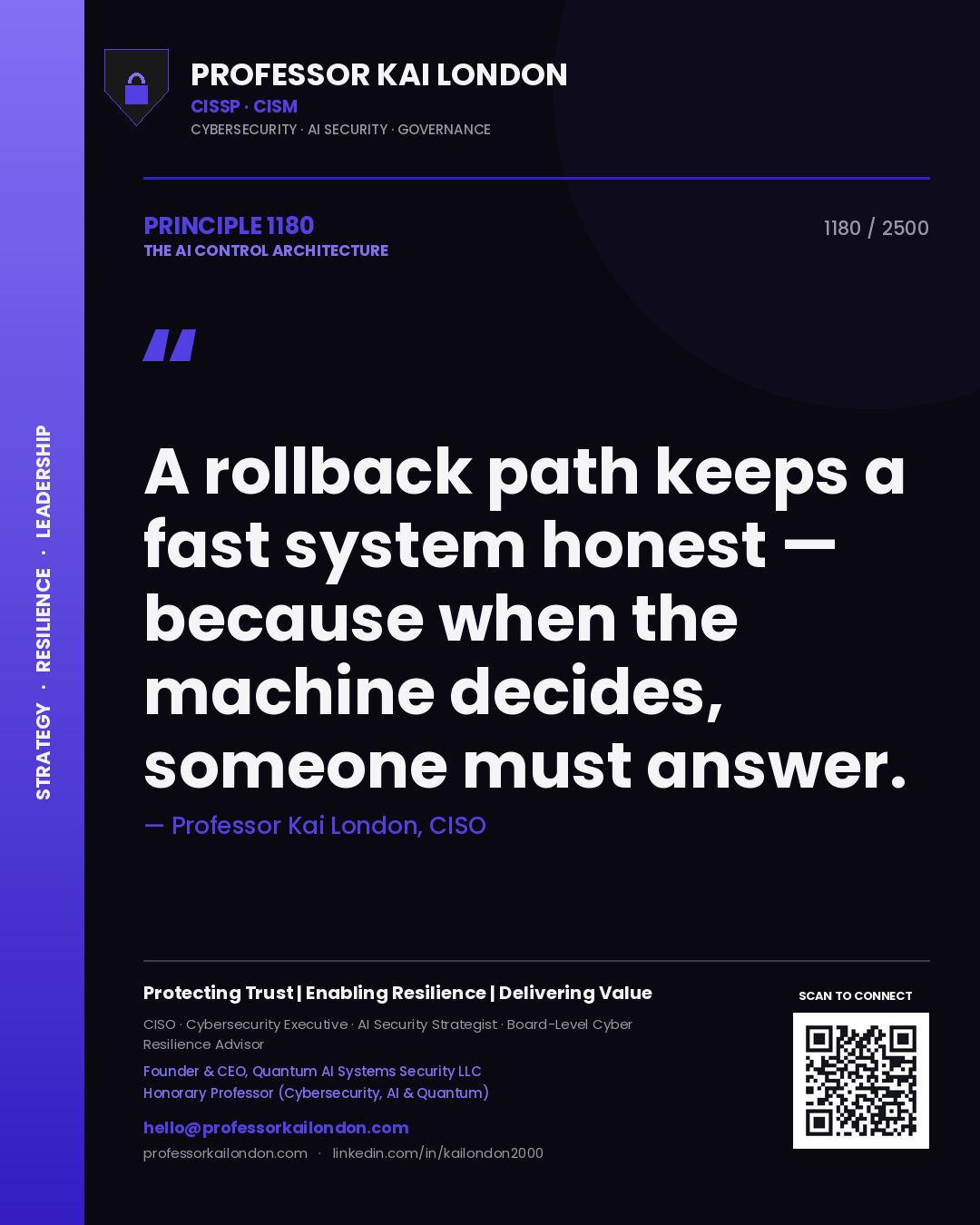 Quote card by Professor Kai London reading 'A rollback path keeps a fast system honest — because when the machine decides, someone must answer.'. From the book The AI Control Architecture.