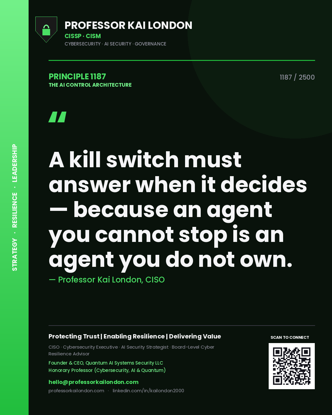 Quote card by Professor Kai London reading 'A kill switch must answer when it decides — because an agent you cannot stop is an agent you do not own.'. From the book The AI Control Architecture.