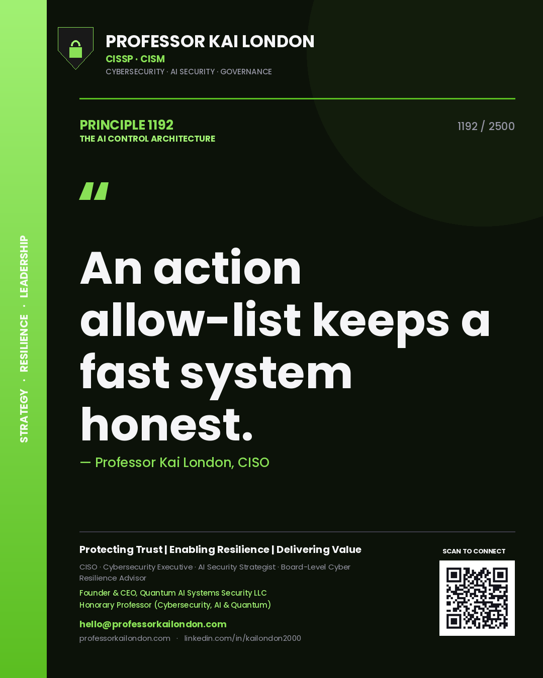 Quote card by Professor Kai London reading 'An action allow-list keeps a fast system honest.'. From the book The AI Control Architecture.