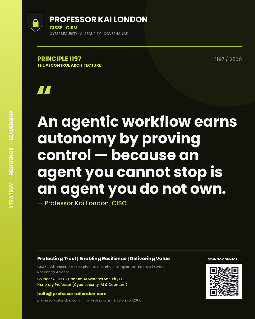 Quote card by Professor Kai London reading 'An agentic workflow earns autonomy by proving control — because an agent you cannot stop is an agent you do not own.'. From the book The AI Control Architecture.