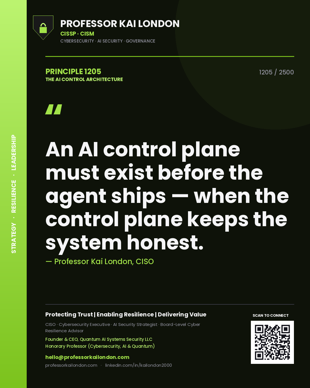 Professor Kai London principle 1205: An AI control plane must exist before the agent ships — when the control plane keeps the system honest.