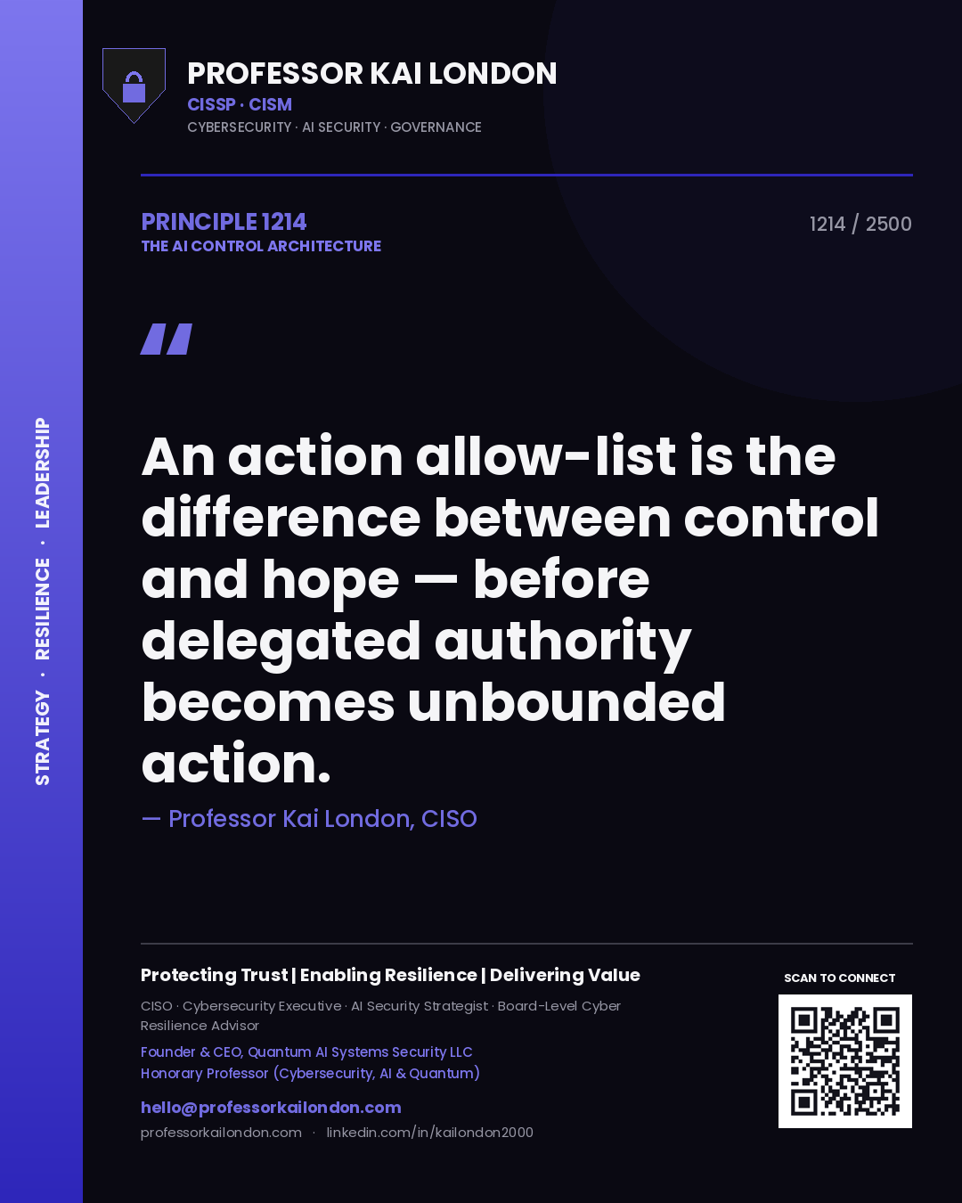 Quote card by Professor Kai London reading 'An action allow-list is the difference between control and hope — before delegated authority becomes unbounded action.'. From the book The AI Control Architecture.