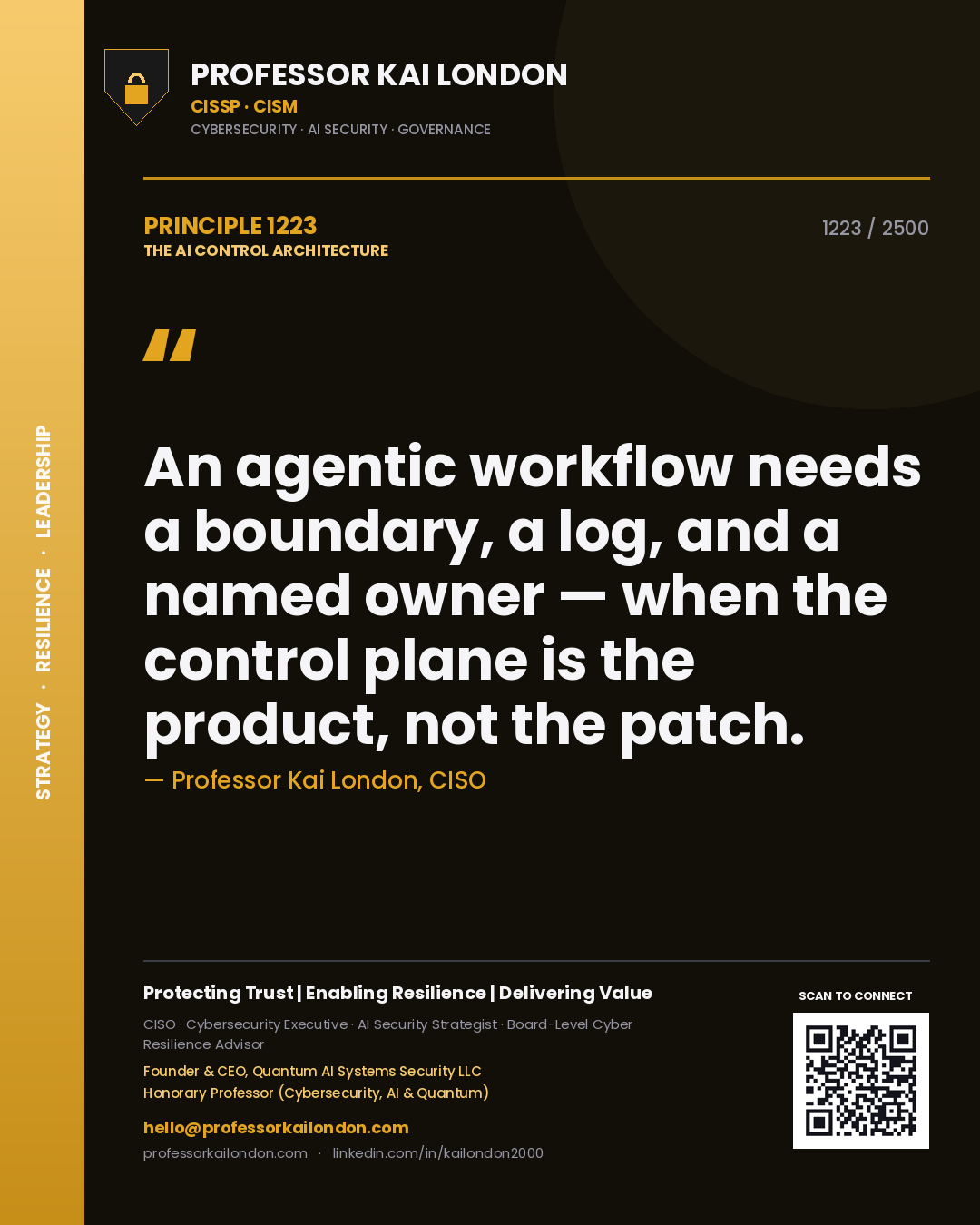 Quote card by Professor Kai London reading 'An agentic workflow needs a boundary, a log, and a named owner — when the control plane is the product, not the patch.'. From the book The AI Control Architecture.