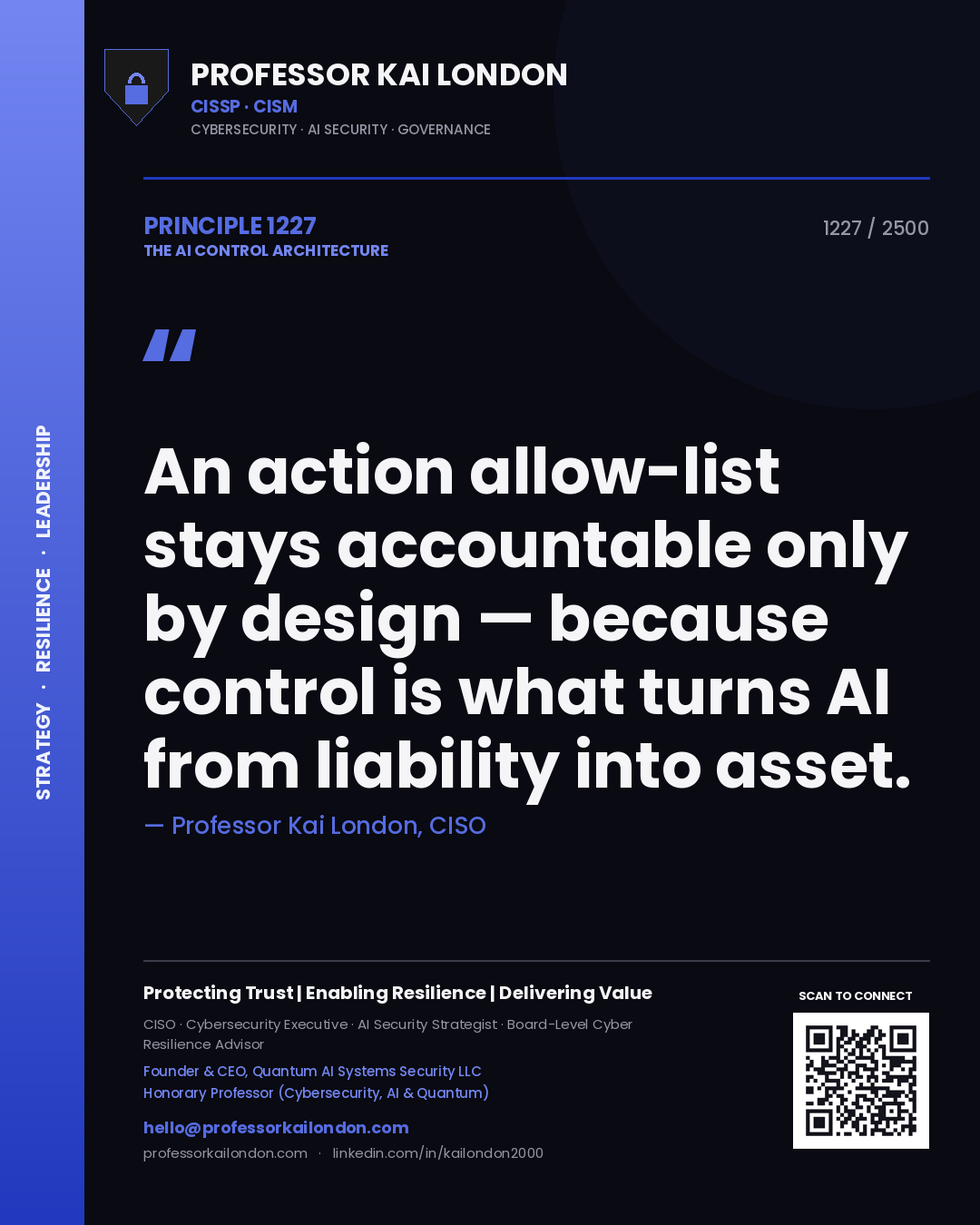 Quote card by Professor Kai London reading 'An action allow-list stays accountable only by design — because control is what turns AI from liability into asset.'. From the book The AI Control Architecture.