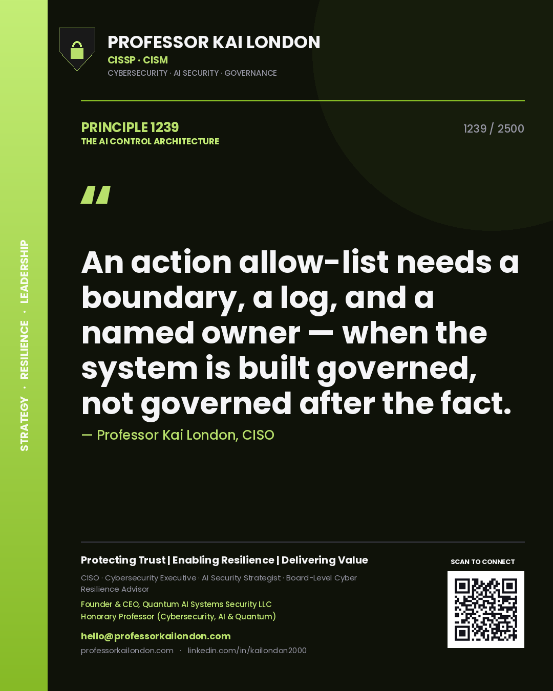 Professor Kai London principle 1239: An action allow-list needs a boundary, a log, and a named owner — when the system is built governed, not governed after the fact.