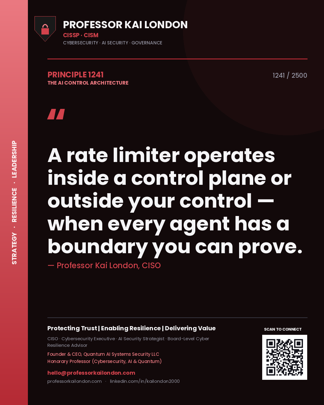 Professor Kai London principle 1241: A rate limiter operates inside a control plane or outside your control — when every agent has a boundary you can prove.