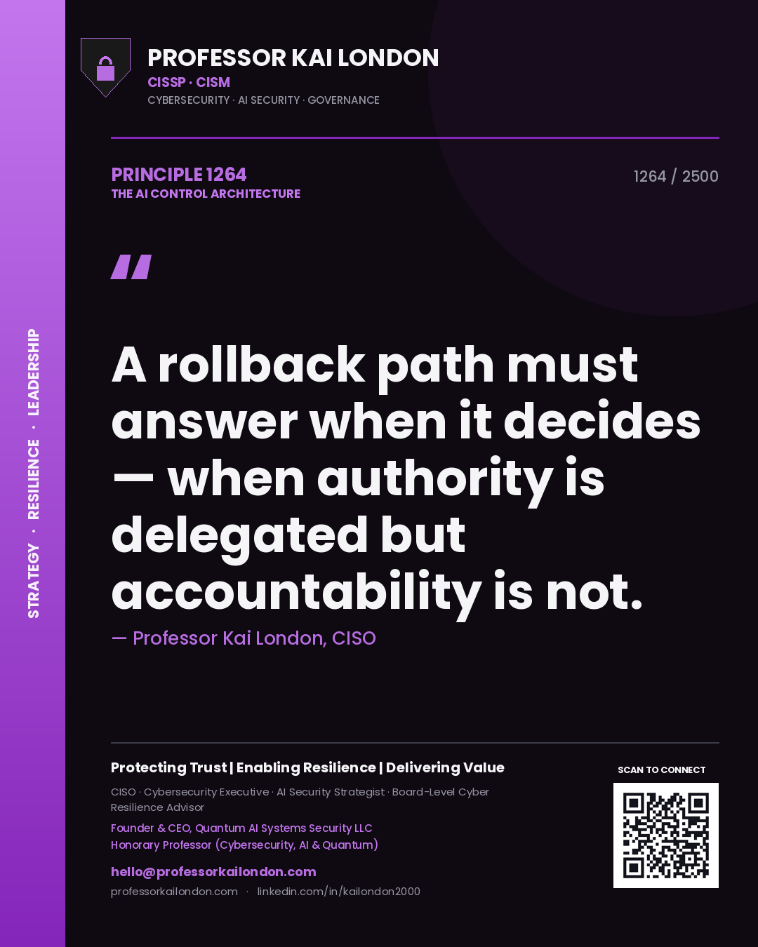 Quote card by Professor Kai London reading 'A rollback path must answer when it decides — when authority is delegated but accountability is not.'. From the book The AI Control Architecture.