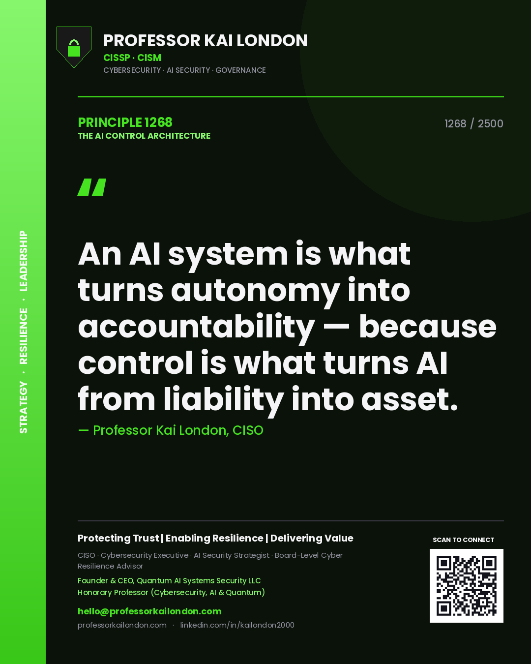 Quote card by Professor Kai London reading 'An AI system is what turns autonomy into accountability — because control is what turns AI from liability into asset.'. From the book The AI Control Architecture.